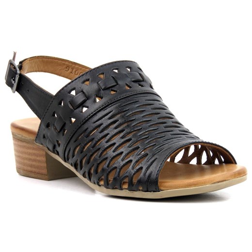 Skórzane sandały damskie z ażurową cholewką - PIAZZA 910055-01, czarne ze sklepu ulubioneobuwie w kategorii Sandały damskie - zdjęcie 142092080