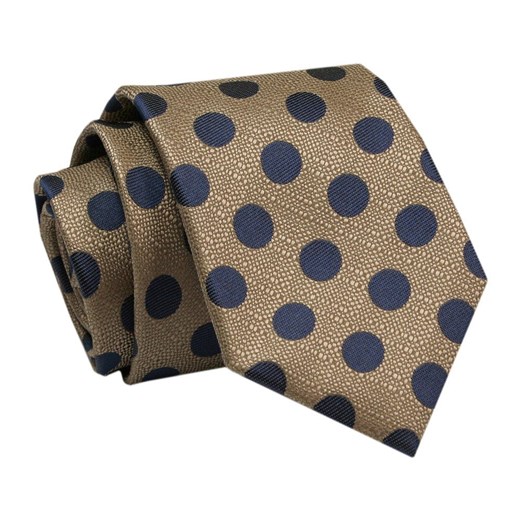 Elegancki, Klasyczny, Męski Krawat -ALTIES - Beż w Granatowe Grochy KRALTS0682 ze sklepu JegoSzafa.pl w kategorii Krawaty - zdjęcie 142429014