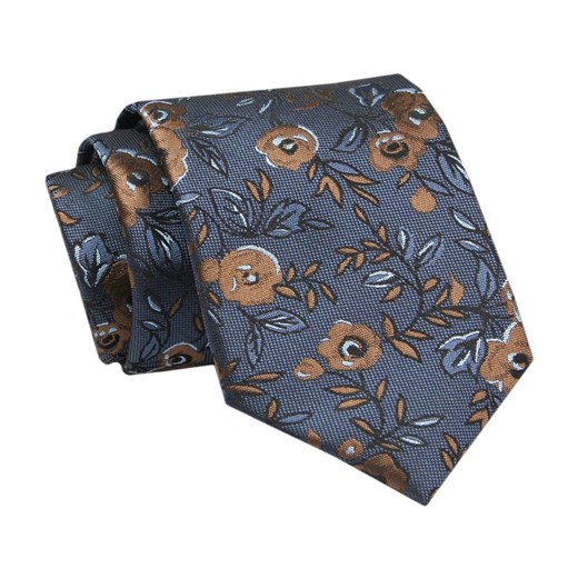 Elegancki, Klasyczny, Męski Krawat -ALTIES - Niebieski z Motywem Beżowobrązowych Kwiatów KRALTS0688 ze sklepu JegoSzafa.pl w kategorii Krawaty - zdjęcie 142429054