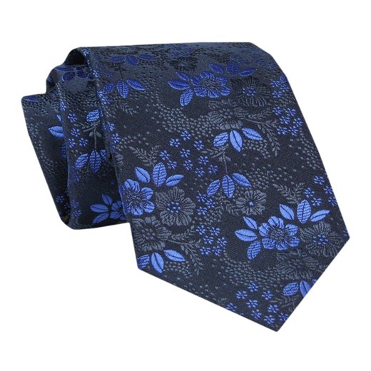 Męski Krawat - ALTIES - Klasyczny - Granat w Niebieskie Kwiaty KRALTS0710 ze sklepu JegoSzafa.pl w kategorii Krawaty - zdjęcie 142461871
