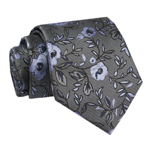 Krawat - ALTIES - Szary w Niebieskie Kwiaty KRALTS0759 ze sklepu JegoSzafa.pl w kategorii Krawaty - zdjęcie 142557112