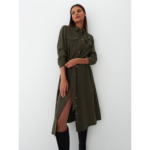 Mohito - Sukienka koszulowa midi z wiązaniem - Khaki Mohito 42 Mohito