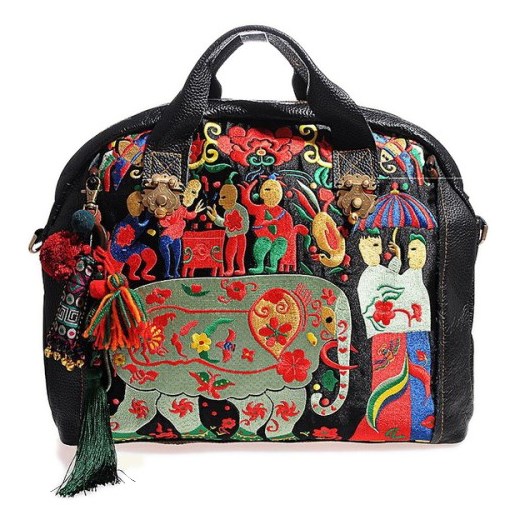 Skórzana haftowana torba etniczna Rejoice black brightboho brazowy shopper bag
