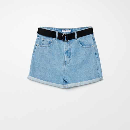 Cropp - Jeansowe szorty high waist z paskiem - Niebieski Cropp 38 promocja Cropp