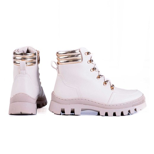 Beżowe zimowe trapery damskie, botki na traperze ze złotymi dodatkami Suzana.pl 36 suzana.pl wyprzedaż