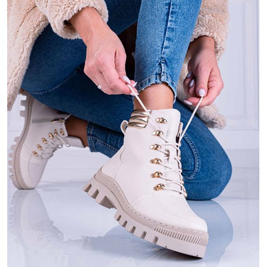 Beżowe zimowe trapery damskie, botki na traperze ze złotymi dodatkami Suzana.pl 41 suzana.pl okazyjna cena