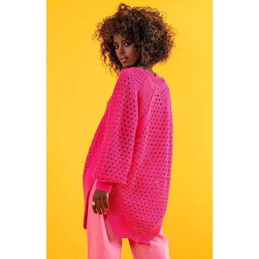 F1424 ażurowy luźny sweter z bawełny, Kolor różowy, Rozmiar one size, Fobya Fobya one size okazyjna cena Primodo