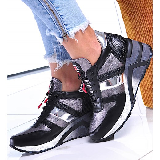 Czarne trampki sneakersy na koturnie /F5-2 12450 T415/ ze sklepu Pantofelek24.pl w kategorii Buty sportowe damskie - zdjęcie 143314302