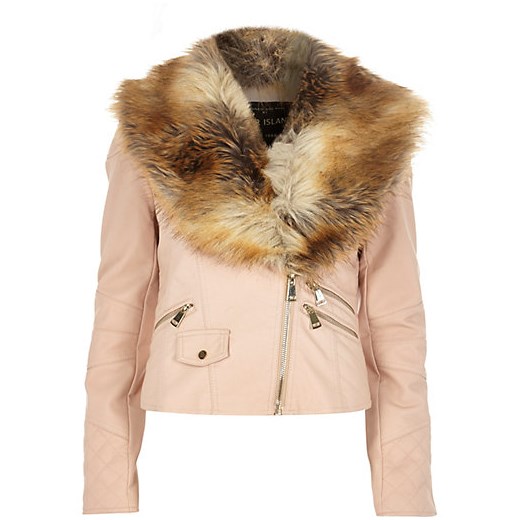 Light pink faux fur collar biker jacket river-island bezowy kurtki