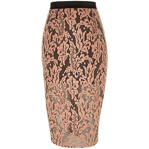 Coral lace overlay pencil skirt river-island brazowy spódnica