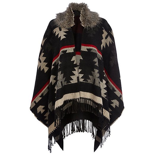 Black aztec print faux fur trim cape river-island czarny nadruki