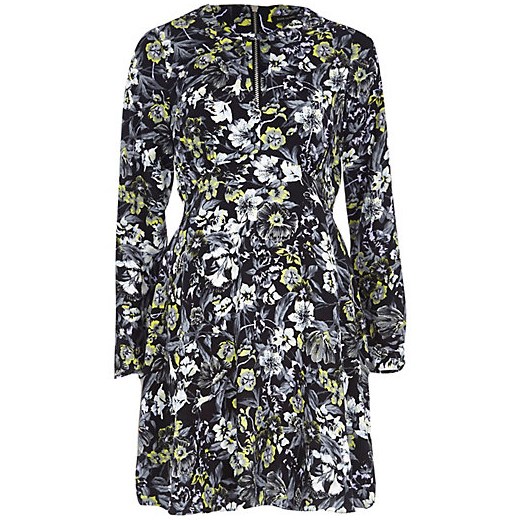 Black floral print fit and flare dress river-island szary fit