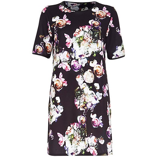 Black crepe rose print t-shirt dress river-island czarny nadruki