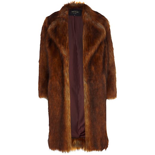 Copper faux fur coat river-island brazowy płaszcz