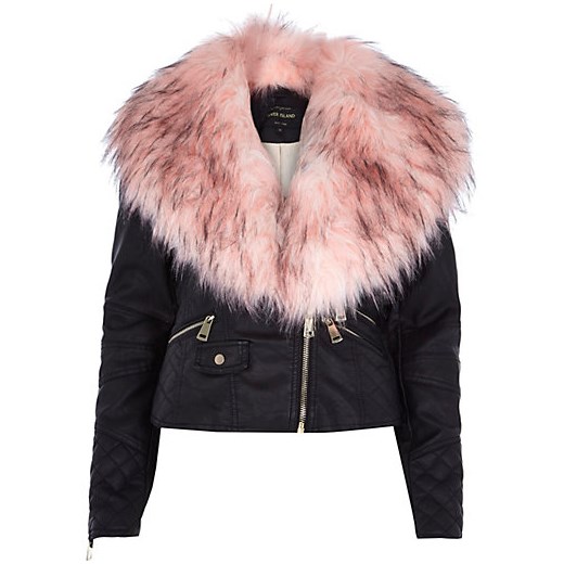 Black contrast faux fur collar biker jacket river-island rozowy kurtki