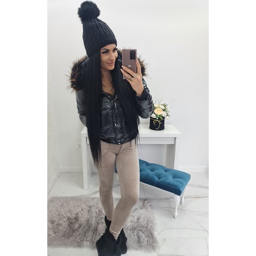 czarna jesienno- zimowa kurtka  princes w połysku z kapturem i futrem ze sklepu STYLOWO w kategorii Kurtki damskie - zdjęcie 143405001