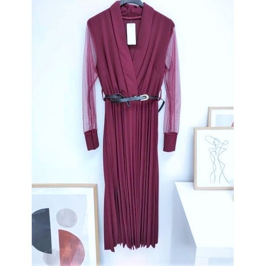 długa sukienka plisa porto z paskiem długi rękaw bordowa ze sklepu STYLOWO w kategorii Sukienki - zdjęcie 143405191
