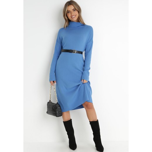 Niebieska Sukienka Dzianinowa z Golfem Falli L Born2be Odzież okazyjna cena