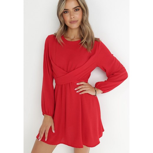Czerwona Sukienka Rozkloszowana z Gumką w Pasie Selnaedo ze sklepu Born2be Odzież w kategorii Sukienki - zdjęcie 143700590