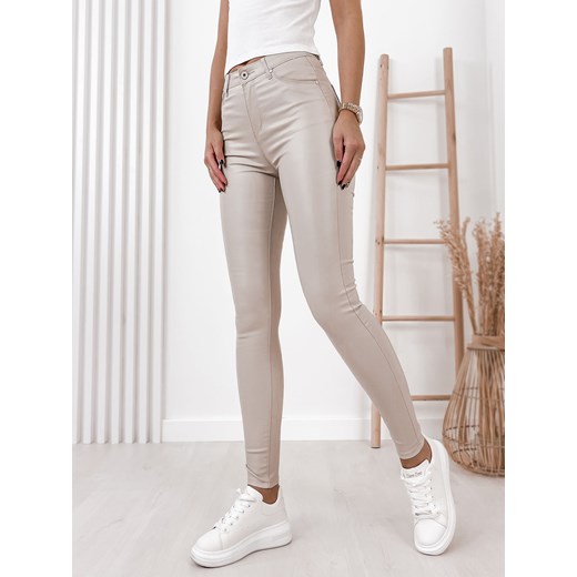 spodnie skórkowe gładkie z wysokim stanem beżowe ze sklepu UBRA w kategorii Spodnie damskie - zdjęcie 144095214