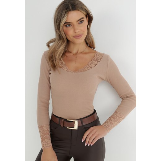 Beżowa Bluzka z Prążkowanej Dzianiny z Koronką Sinar ONE SIZE promocyjna cena Born2be Odzież
