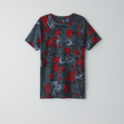 Cropp - Koszulka z nadrukiem w róże - Szary Cropp XXL Cropp