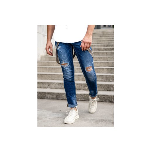 Granatowe spodnie jeansowe męskie slim fit z szelkami Denley KS2056 38/2XL Denley promocja