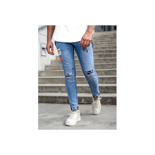Niebieskie spodnie jeansowe męskie slim fit z szelkami Denley KS2102-2 28/XS okazja Denley