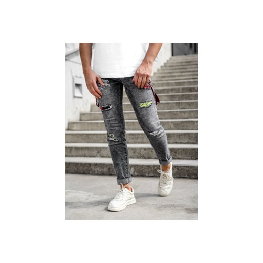 Czarne spodnie jeansowe męskie slim fit z szelkami Denley KX968-C 38/2XL promocja Denley