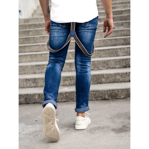 Granatowe spodnie jeansowe męskie slim fit z szelkami Denley KS2056 33/L promocyjna cena Denley