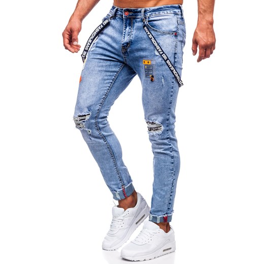 Niebieskie spodnie jeansowe męskie slim fit z szelkami Denley KS2102-2 33/L wyprzedaż Denley