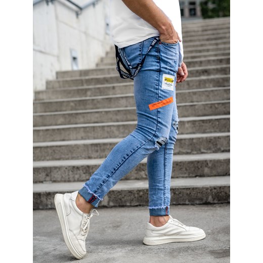 Niebieskie spodnie jeansowe męskie slim fit z szelkami Denley KS2102-2 31/M wyprzedaż Denley