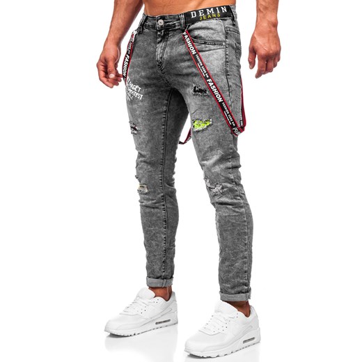 Czarne spodnie jeansowe męskie slim fit z szelkami Denley KX968-C 34/L okazyjna cena Denley