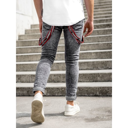 Czarne spodnie jeansowe męskie slim fit z szelkami Denley KX968-C 32/M wyprzedaż Denley
