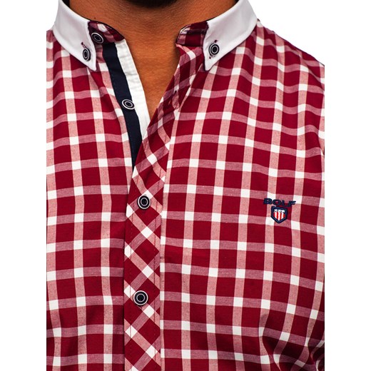 Bordowa koszula męska elegancka w kratę z długim rękawem Bolf 5737-1 L promocyjna cena Denley