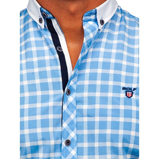 Błękitna koszula męska elegancka w kratę z długim rękawem Bolf 5737-1 XL Denley