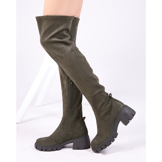 Ciemnozielone damskie kozaki za kolano Netirit - Obuwie Royalfashion.pl 38 royalfashion.pl