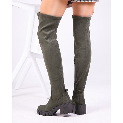 Ciemnozielone damskie kozaki za kolano Netirit - Obuwie Royalfashion.pl 38 royalfashion.pl