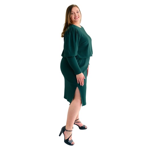 Sukienka Fokus dla puszystych zielona z długim rękawem na spotkanie biznesowe 