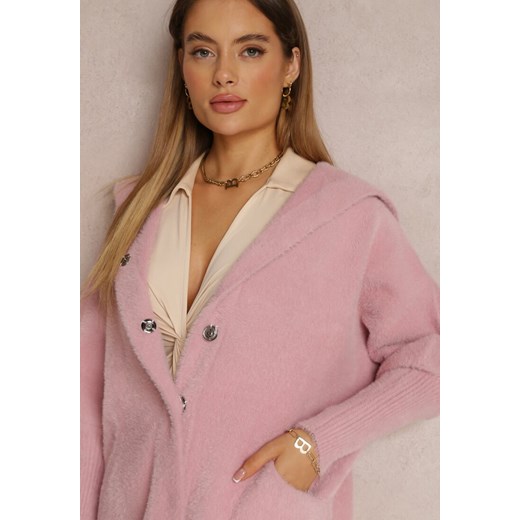 Różowy Kardigan z Wełną Oversize Długi z Kapturem Ortylia Renee ONE SIZE promocyjna cena Renee odzież