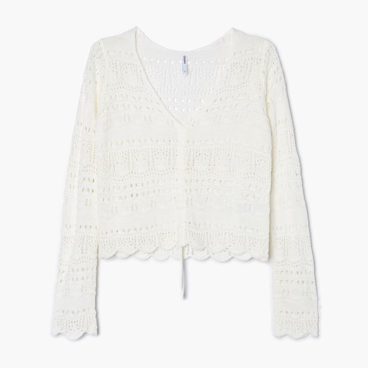 Cropp - Ażurowy sweter z wiązaniem - Biały Cropp XS Cropp