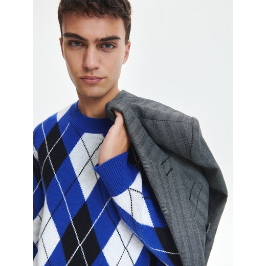 Reserved - UNISEX Sweter w romby z wełną - Niebieski Reserved L Reserved