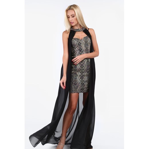 Czarna sukienka z fioletowymi elementami i narzutką G5277 L, M, S okazyjna cena fasardi.com