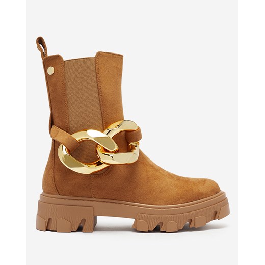 Damskie wysokie botki ze złotym łańcuszkiem w kolorze camel Elrudi - Obuwie Royalfashion.pl 36 royalfashion.pl