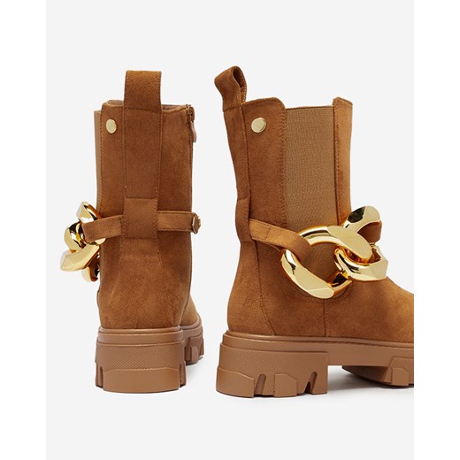 Damskie wysokie botki ze złotym łańcuszkiem w kolorze camel Elrudi - Obuwie Royalfashion.pl 38 royalfashion.pl