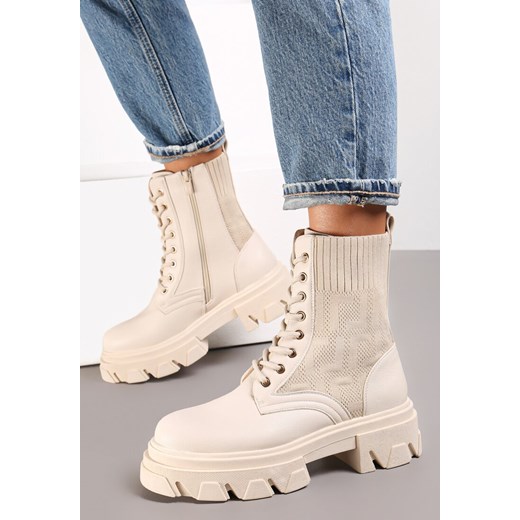 Beżowe Botki Workery z Prążkowaną Cholewką Dianilla Renee 39 renee.pl
