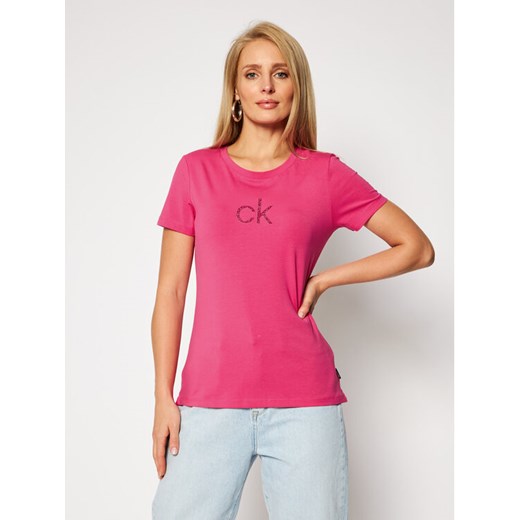 Calvin Klein T-Shirt Ss Ck Lurex Logo Tee K20K202363 Różowy Slim Fit Calvin Klein S okazja MODIVO