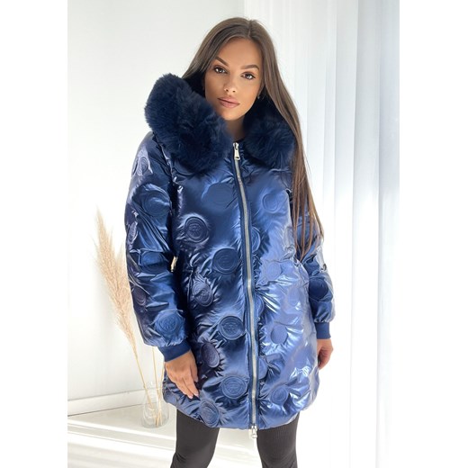 zimowa puchowa kurtka płaszcz z kapturem i lisem atlanta niebieska ze sklepu STYLOWO w kategorii Kurtki damskie - zdjęcie 144935661