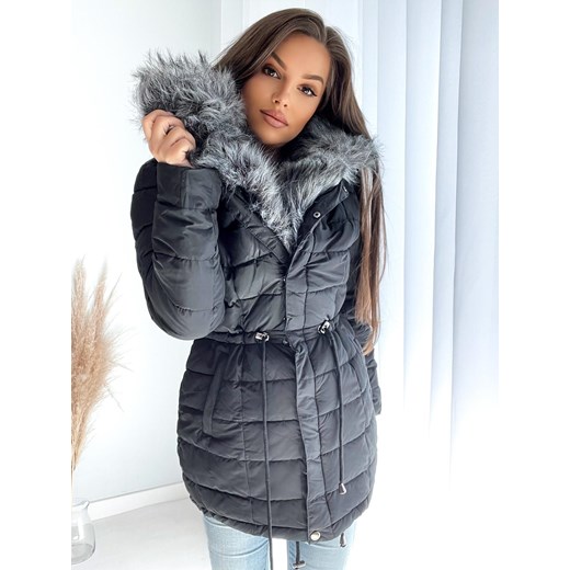Kurtka damska szara Etnee z kapturem z poliestru długa casualowa 