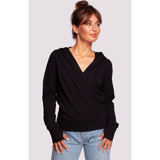 Bluza na zakładkę z kapturem w kolorze czarnym B246, Kolor czarny, Rozmiar L, BE ze sklepu Primodo w kategorii Bluzy damskie - zdjęcie 144986412